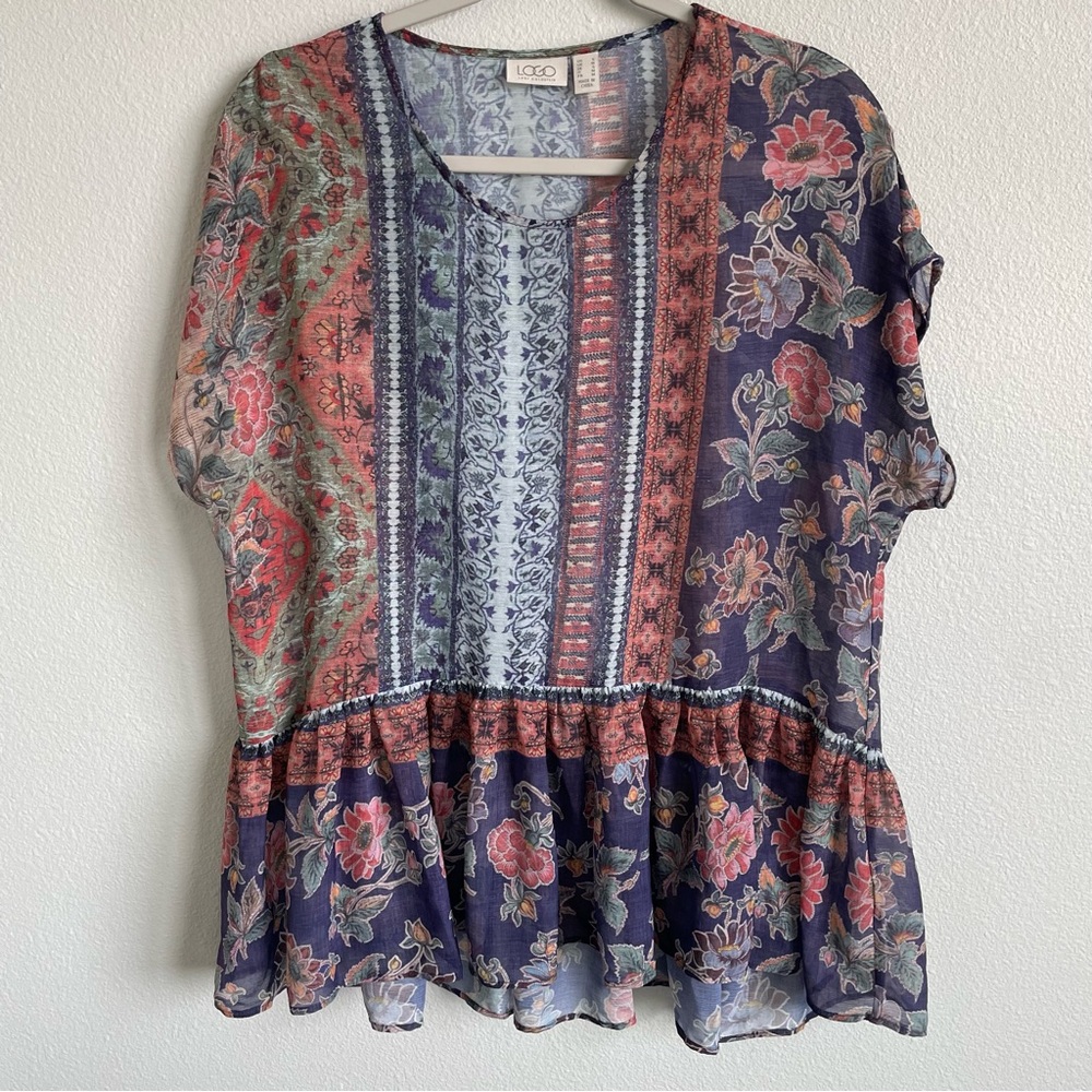 LOGO by Lori Goldstein Mixed Print Colorful Sheer Peplum Blouse Floral Ruffle